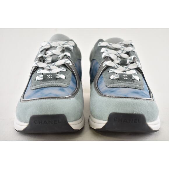 Chanel 20S Mens Grey Blue Silver White CC Logo Low Top Trainer Sneaker 44 11 - Picture 8 of 12